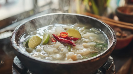 A steaming hot seafood soup in a rustic clay pot garnished with fresh lime and chili slices. Perfect for showcasing culinary traditions and comfort food.の素材