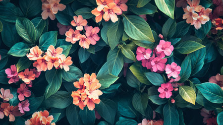 A stunning close-up of vibrant flowers in shades of pink and orange surrounded by lush green leaves. Perfect for nature-themed projects and backgrounds.の素材