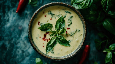 A vibrant creamy basil soup served in a rustic bowl, topped with fresh herbs and spices, showcasing a healthy and gourmet meal option for any occasion.の素材