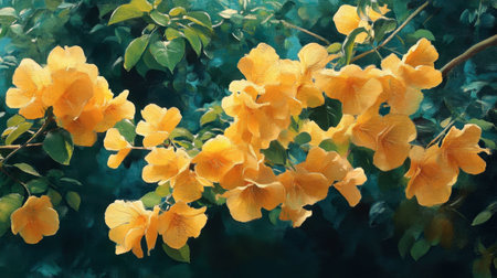 A stunning display of bright yellow flowers on a branch, set against a lush green background. This vibrant composition captures the beauty of nature and evokes feelings of tranquility.の素材