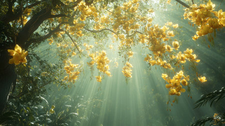 A serene view of sunlight streaming through a lush forest filled with vibrant yellow orchids. The scene captures the beauty of nature and creates a peaceful, tranquil atmosphere.の素材