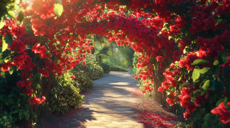 A stunning archway draped in vibrant red flowers, leading to a picturesque pathway. This enchanting scene captures the essence of outdoor tranquility and natural beauty.の素材