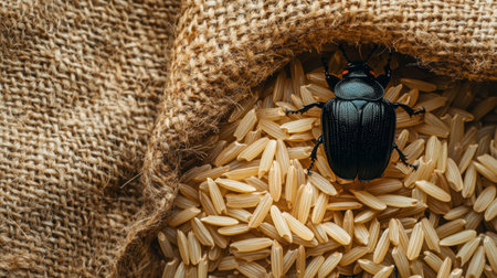 A black beetle rests on a mound of rice grains inside a burlap bag. The image captures the intricate textures of both the insect and the rice, showcasing a blend of nature and food storage.の素材