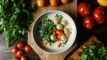 A beautiful bowl of meatballs in a creamy sauce, surrounded by fresh herbs and vibrant vegetables, perfect for a healthy and inviting meal.の素材