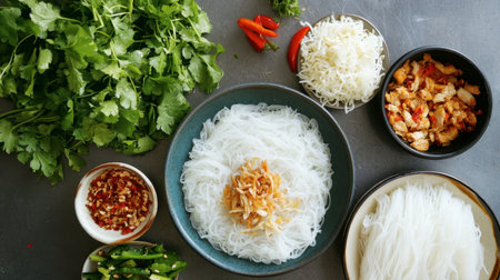 A vibrant array of fresh ingredients for an Asian noodle dish featuring noodles, herbs, and spices. Perfect for creating healthy meals at home.の素材