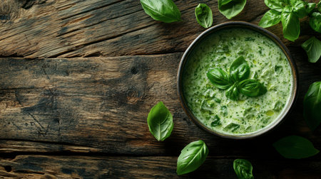 A vibrant basil sauce presented in a rustic bowl on a wooden table, showcasing its fresh green color and aromatic herbs, perfect for culinary creations.の素材
