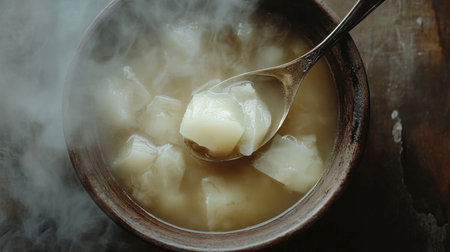 A steamy bowl of soup featuring diced ingredients is captured with a metal spoon. The cozy scene evokes warmth and comfort, perfect for a rustic kitchen setting.の素材