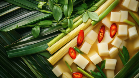 A vibrant display of fresh ingredients featuring tofu, herbs, and chili, perfect for preparing delicious dishes in Asian cuisine with rich flavors and aromas.の素材