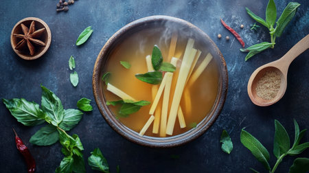 A warm herbal broth featuring fresh vegetables and spices in a rustic bowl. The steam rising illustrates the dish's aromatic essence, perfect for culinary inspiration.の素材