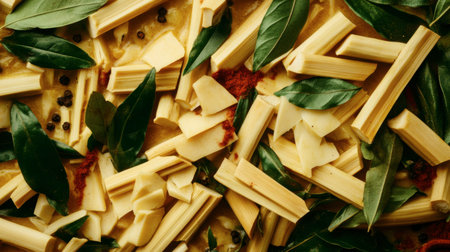 A vibrant array of fresh culinary ingredients featuring bay leaves and spices. This top view showcases a variety of colors and textures for food preparation.の素材