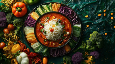 A vibrant bowl of noodles surrounded by an array of fresh vegetables and herbs, showcasing a colorful and healthy culinary creation perfect for any meal.の素材