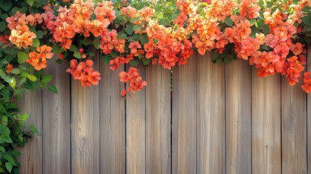 Bright orange bougainvillea flowers cascade over a wooden fence, creating a beautiful natural display. Ideal for garden and nature-themed visuals.の素材