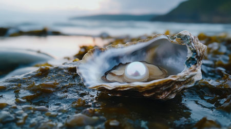 This stunning close-up image showcases an open oyster featuring a lustrous pearl, resting on a rocky shoreline. The gentle waves and soft light create a serene atmosphere.の素材