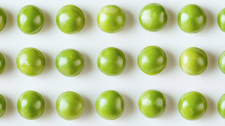 This image features fresh green limes neatly arranged in rows on a clean white background, showcasing their vibrant color and smooth texture perfect for culinary uses.の素材