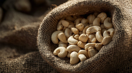 A close-up view of raw cashew nuts spilling from a burlap sack, set against a dark wooden background. The natural textures evoke a rustic and healthy vibe, perfect for food themes.の素材