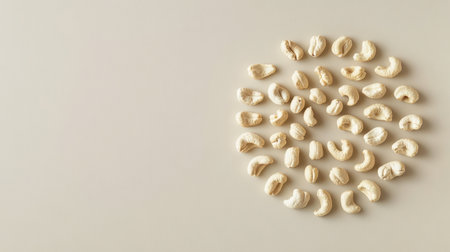 A captivating arrangement of raw cashew nuts displayed in a circular pattern on a light background, perfect for showcasing healthy snack options and culinary artistry.の素材