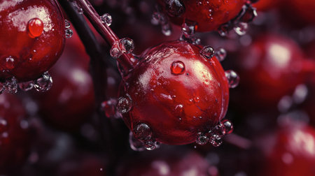 A stunning close-up of fresh red berries adorned with water droplets, showcasing their vibrant color and juicy texture, perfect for food-related themes.の素材