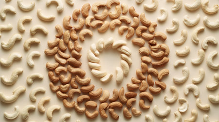 A stunning aerial view of cashew nuts artistically arranged in a spiral pattern. The warm colors and smooth textures create a compelling visual ideal for food-related themes.の素材