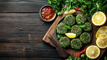 Discover a beautifully arranged plate of fresh green patties, garnished with lemon and spices, perfect for a healthy meal or snack, showcasing vibrant colors and rich textures.の素材