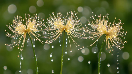Stunning close-up of beautiful wildflowers adorned with dew drops, showcasing a serene natural setting. The vibrant colors and delicate features create a refreshing atmosphere.の素材