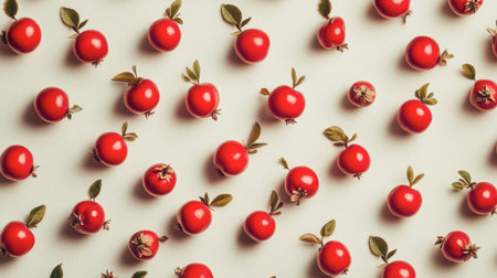 Vibrant arrangement of fresh red tomatoes with green leaves on a light background, highlighting the beauty of natural produce perfect for culinary inspiration.の素材