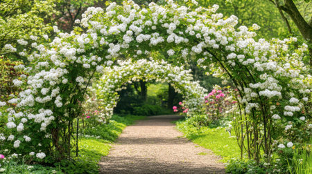 A tranquil garden pathway adorned with blooming white flowers forming arches, creating a serene atmosphere amidst vibrant greenery, perfect for nature lovers.の素材