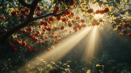 Enjoy the beauty of sunlight streaming through an apple orchard, creating an enchanting and serene atmosphere filled with ripe red apples and lush greenery.の素材