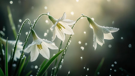 Beautiful white flowers adorned with dew drops, radiating tranquility in soft natural lighting. A captivating representation of nature's elegance and beauty.の素材