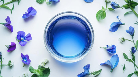 A serene top view showcasing a glass bowl filled with blue liquid, surrounded by vibrant flowers and herbs, creating an aesthetic and calming visual.の素材