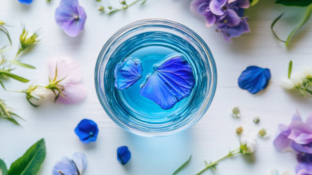 A serene top-down view of a glass bowl filled with blue water, featuring delicate flower petals. Surrounded by fresh flowers, this image conveys tranquility and natural beauty.の素材