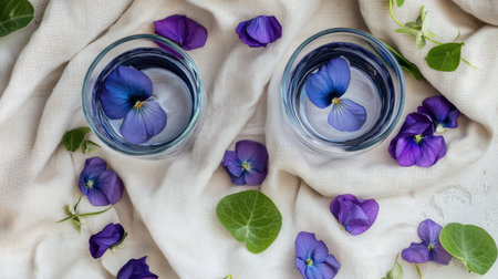 This serene still life features two glasses of water adorned with vibrant violet flowers. The elegant arrangement on a soft cloth creates a tranquil atmosphere perfect for relaxation and inspiration.の素材