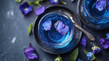 A visually stunning blue beverage adorned with delicate edible flowers, presenting a perfect blend of aesthetics and refreshment, ideal for summer gatherings.の素材