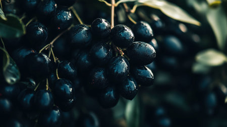 Lush black olives hang from green branches, glistening with water droplets. This close-up captures the essence of freshness and the organic beauty of nature's harvest.の素材