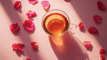 A serene composition featuring a glass cup of herbal tea surrounded by vibrant rose petals on a soft pink background. Ideal for wellness and relaxation themes.の素材