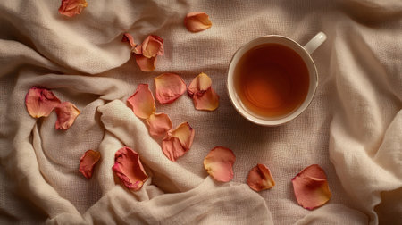 Enjoy a serene moment with a cup of tea surrounded by delicate rose petals on a soft fabric background, perfect for wellness and relaxation.の素材