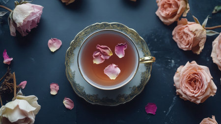 A beautifully arranged tea cup filled with fragrant rose petals, surrounded by fresh flowers. Perfect for conveying elegance, relaxation, and beauty in visuals.の素材
