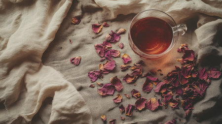 A serene scene featuring a glass cup of herbal tea amidst scattered rose petals on soft fabric. Perfect for promoting wellness, relaxation, and tranquility.の素材