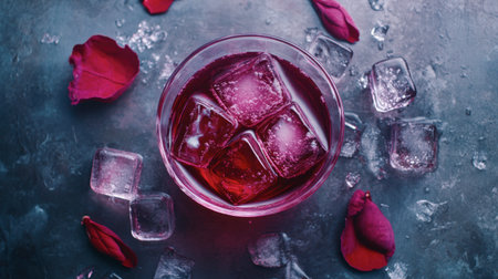 A visually stunning presentation of a pink beverage served over ice, adorned with rose petals. Perfect for summer gatherings or elegant celebrations.の素材