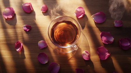 A beautifully arranged scene featuring a glass cup of aromatic tea surrounded by vibrant rose petals, casting gentle shadows in soft light, perfect for a serene moment.の素材