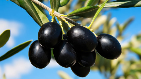 A close-up view of fresh black olives hanging on an olive tree branch. The vibrant fruit contrasts beautifully with the blue sky, showcasing nature's bounty.の素材