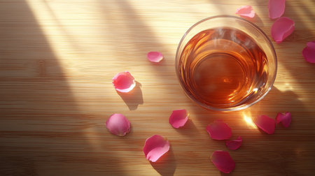 A captivating image of a glass of tea resting on a wooden table, adorned with pink petals. The gentle sunlight creates an inviting atmosphere, perfect for relaxation.の素材