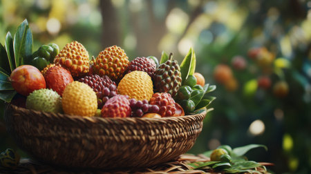 A stunning assortment of colorful tropical fruits is elegantly arranged in a natural basket, capturing the essence of freshness and vibrant flavors amid a lush, green backdrop.の素材