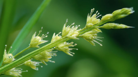 Captivating close-up of a delicate flowering plant adorned with dew drops. Perfect for nature and botanical-themed projects, showcasing natural beauty and tranquility.の素材