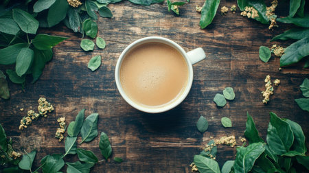 A warm cup of coffee rests amidst an array of fresh green leaves on a rustic wooden tabletop, evoking a sense of tranquility and natural beauty.の素材