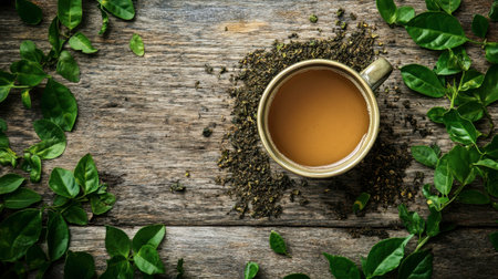 A warm cup of herbal tea rests on a rustic wooden table, surrounded by fresh green leaves and loose tea, evoking a feeling of comfort and relaxation.の素材
