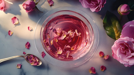A tranquil scene featuring delicate rose petals floating in pink liquid inside a glass bowl, surrounded by fresh roses and a silver spoon, evoking beauty and serenity.の素材
