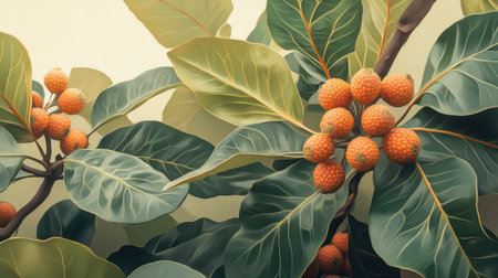 A stunning close-up of vibrant orange fruits nestled among lush green leaves, showcasing the beauty of nature and the richness of organic growth in a serene environment.の素材