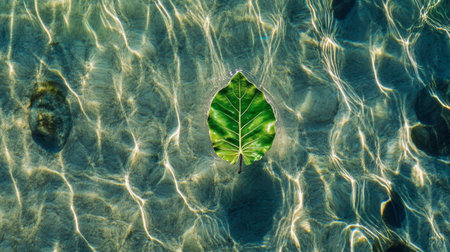 A vibrant green leaf floats gracefully on the clear water surface, creating an artistic display of ripples and sunlight reflections. This serene image captures nature's beauty and tranquility.の素材