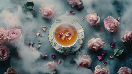 An elegant tea cup rests amidst soft pink roses and swirling mist. This serene setting invites relaxation and tranquility, perfect for moments of calm reflection.の素材