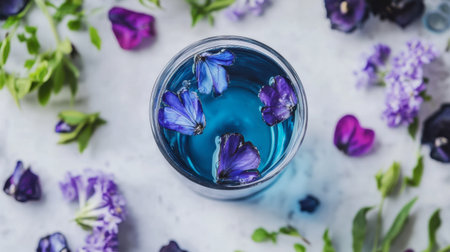 A vibrant blue beverage with delicate purple flower petals floats at the surface, surrounded by scattered petals on a light background, creating a serene, artistic atmosphere.の素材
